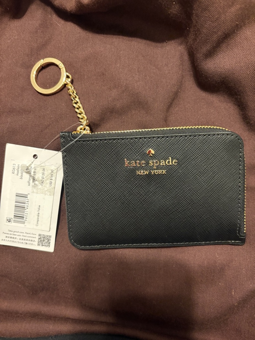 kate spade black zip coin card case with gold key ring